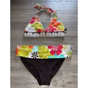 La Blanca Brown & Colorful Tropical Floral Triangle Halter Bikini Swimsuit 6/8